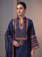 3Pc Embroided kataan Silk Shirt, Plazo, Dupatta