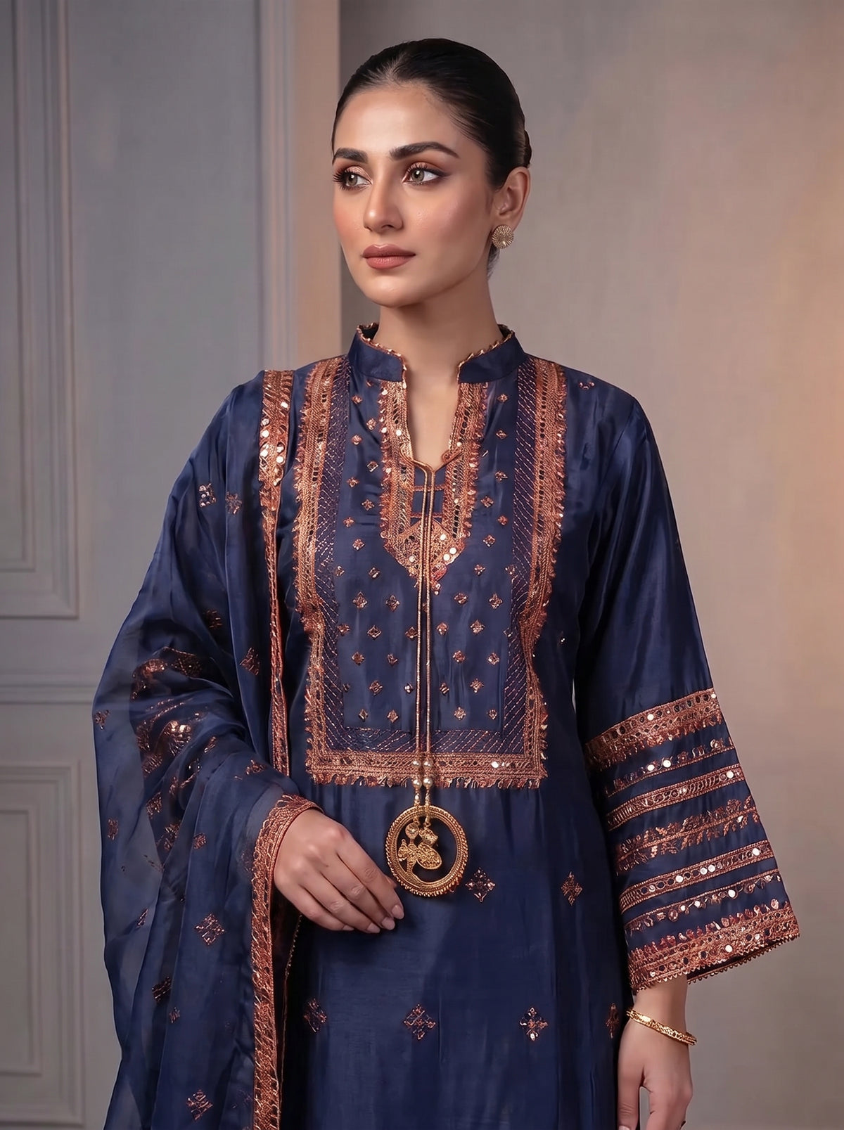3Pc Embroided kataan Silk Shirt, Plazo, Dupatta