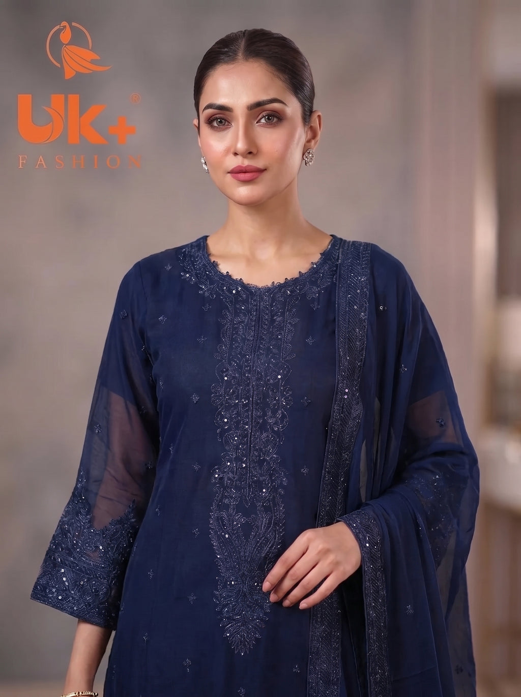 3Pc Embroided Chiffon Shirt, Plazo, Dupatta