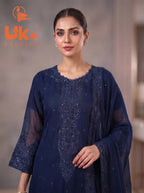3Pc Embroided Chiffon Shirt, Plazo, Dupatta