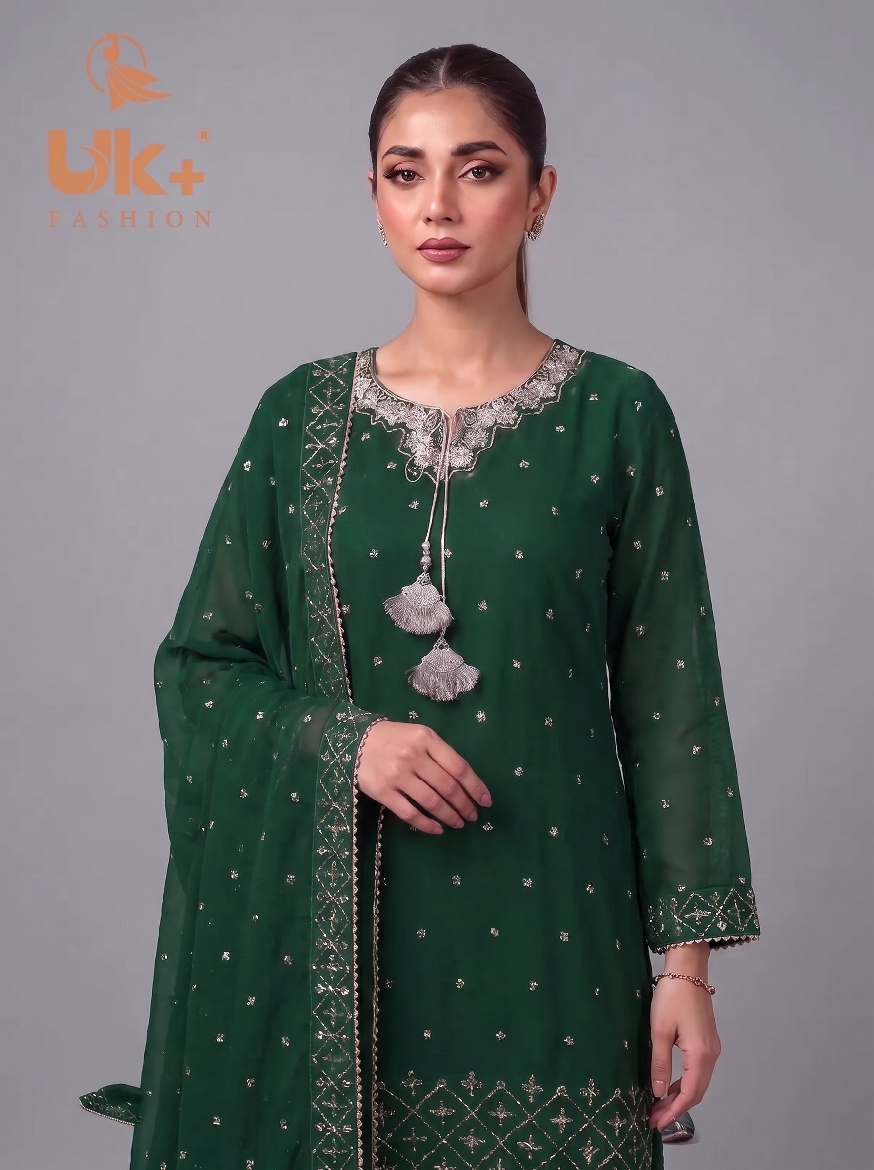 3Pc Embroided Chiffon Shirt, Plazo, Dupatta