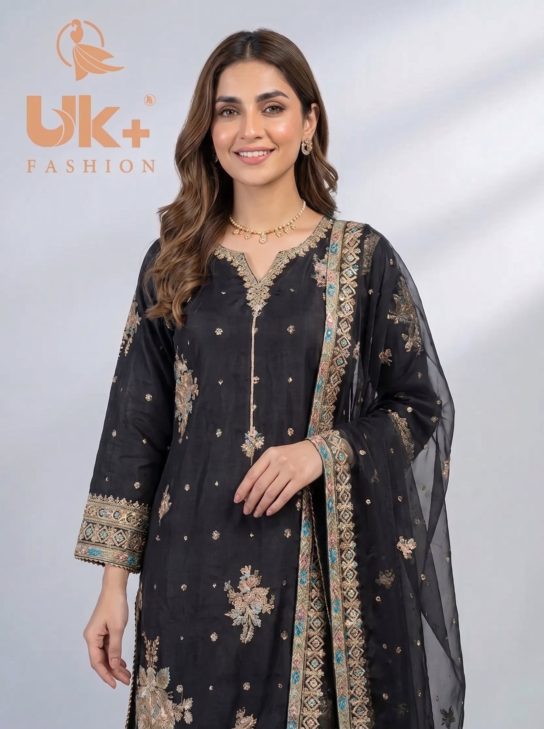 3Pc Embroidered Kattan Silk Shirt, Farshi Shalwar, Dupatta