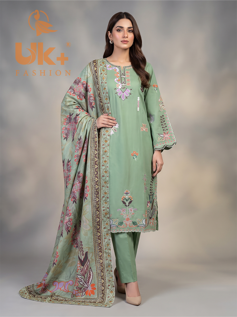3Pc Embroidered Cotton Shirt, Trouser, Dupatta