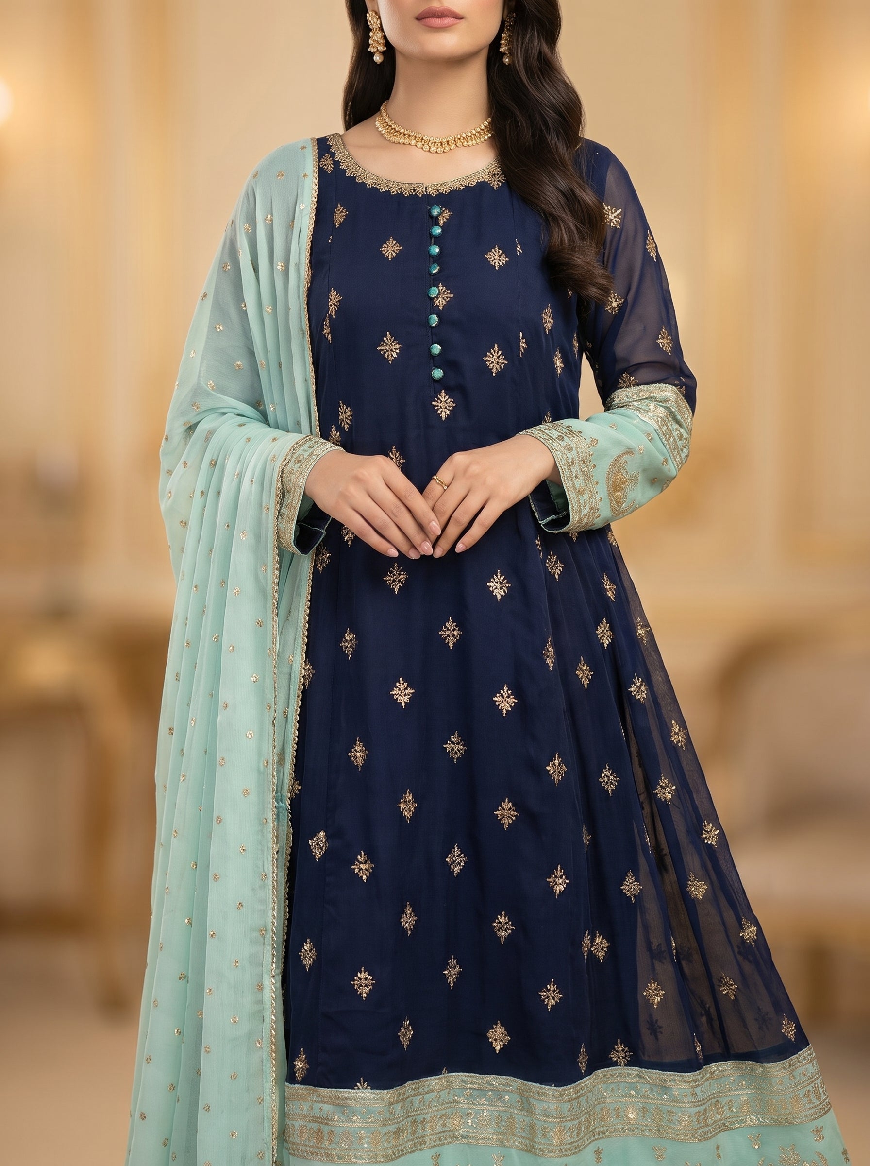 3pc Chiffon Frock, Trouser, dupatta