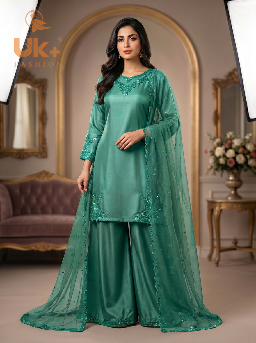 3Pc Embroided pure Silk Shirt, Plazo, Dupatta