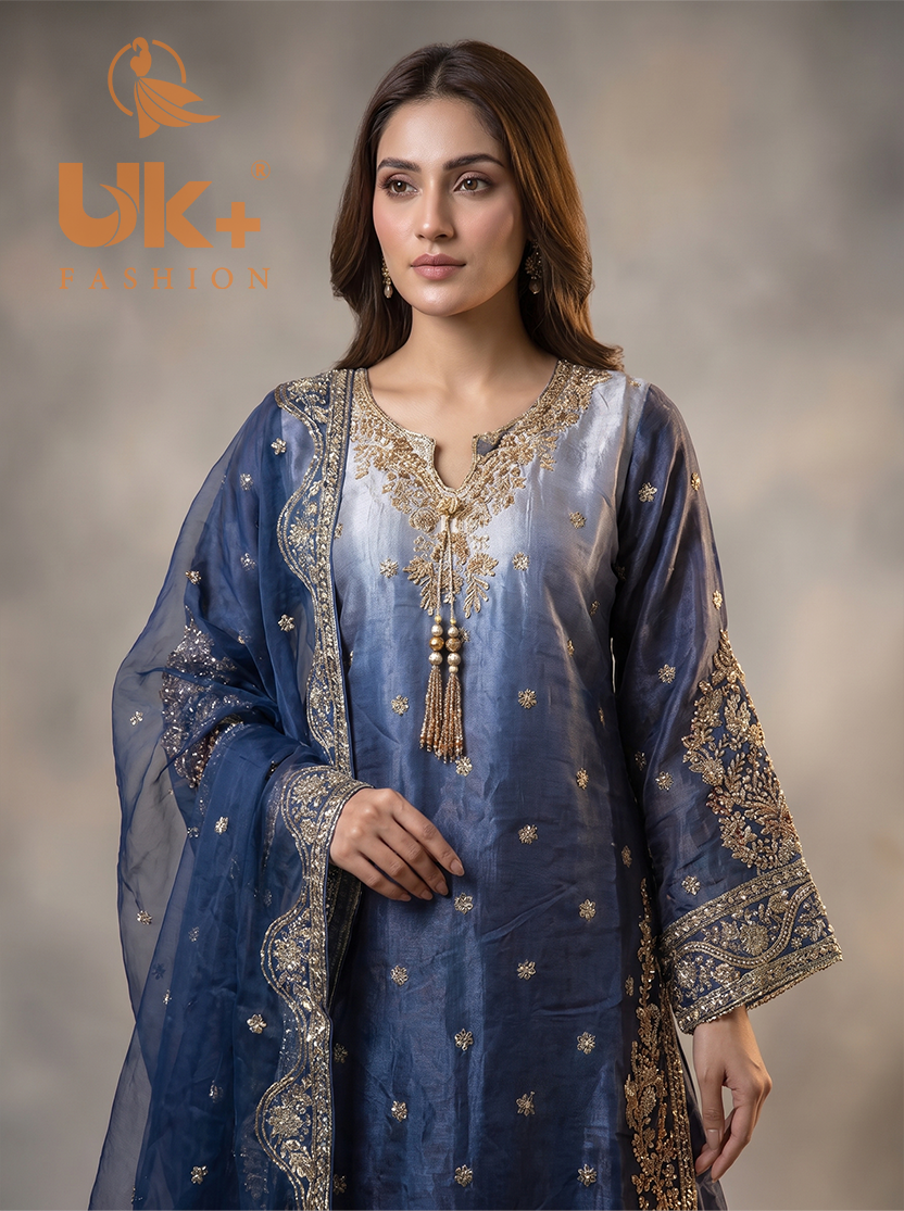 3Pc Embroided Sheesha Silk Shirt, Plazo, Dupatta