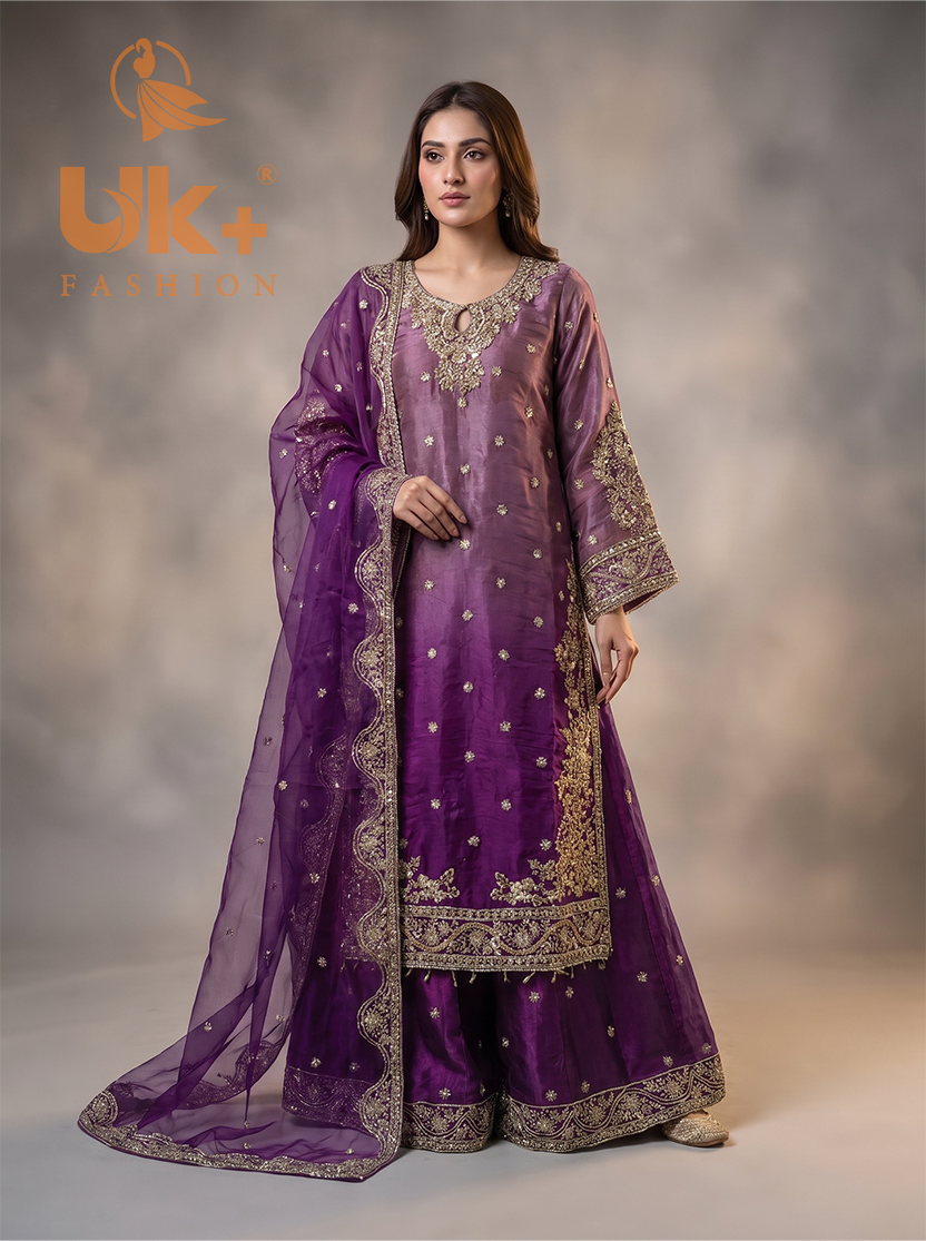 3Pc Embroided Sheesha Silk Shirt, Plazo, Dupatta