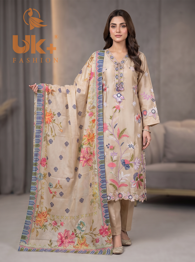 3Pc Embroidered Shamoz Silk, Shirt, Trouser & Dupatta