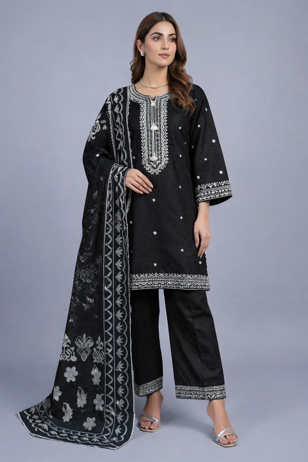 3Pc Embroidered Cotton Shirt, farshi shalwar, Dupatta