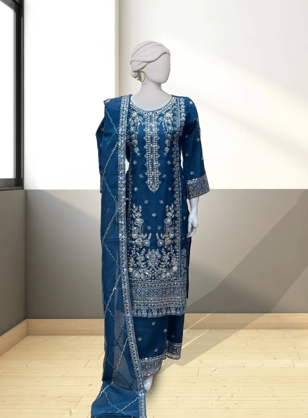 Blue Organza Long Length Suit