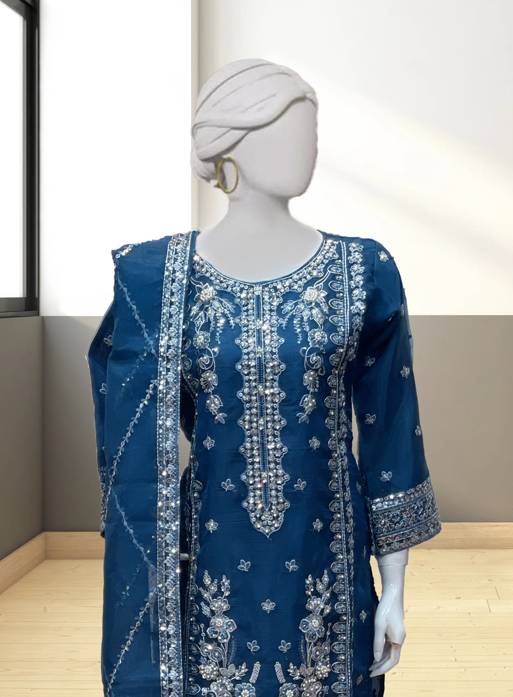 Blue Organza Long Length Suit