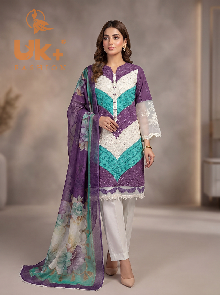 3Pc Embroidered Cotton Shirt, Trouser, Dupatta