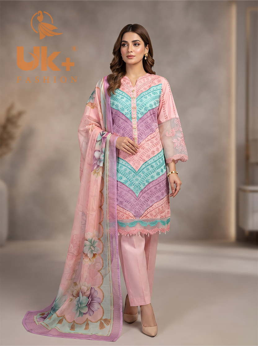 3Pc Embroidered Cotton Shirt, Trouser, Dupatta
