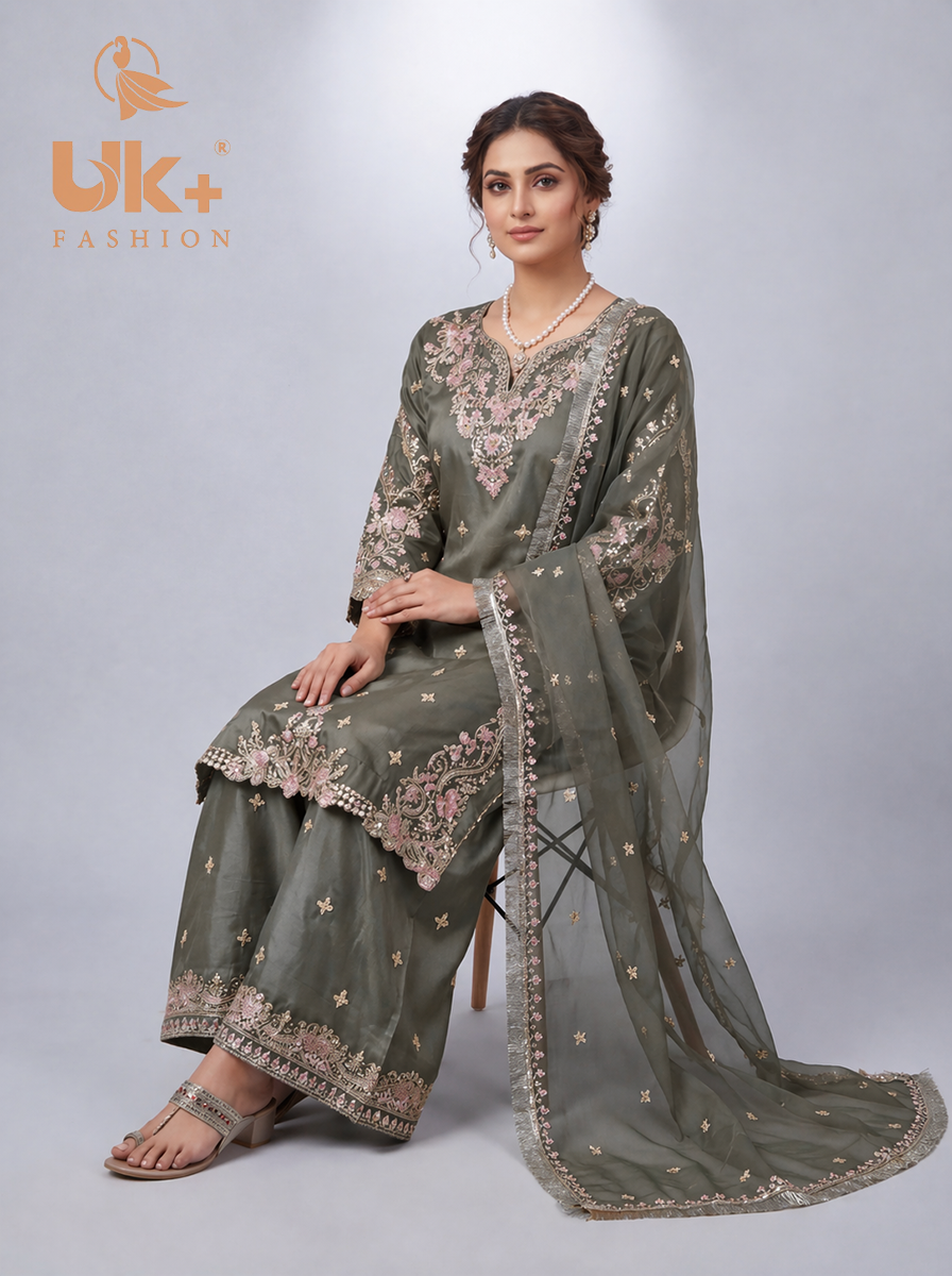 3Pc Embroided kataan Silk Shirt, Plazo, Dupatta