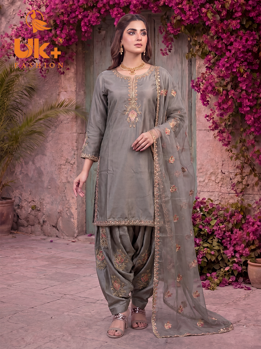 3Pc Embroidered Kataan Silk, Shirt, Farshi Shalwar and Dupatta