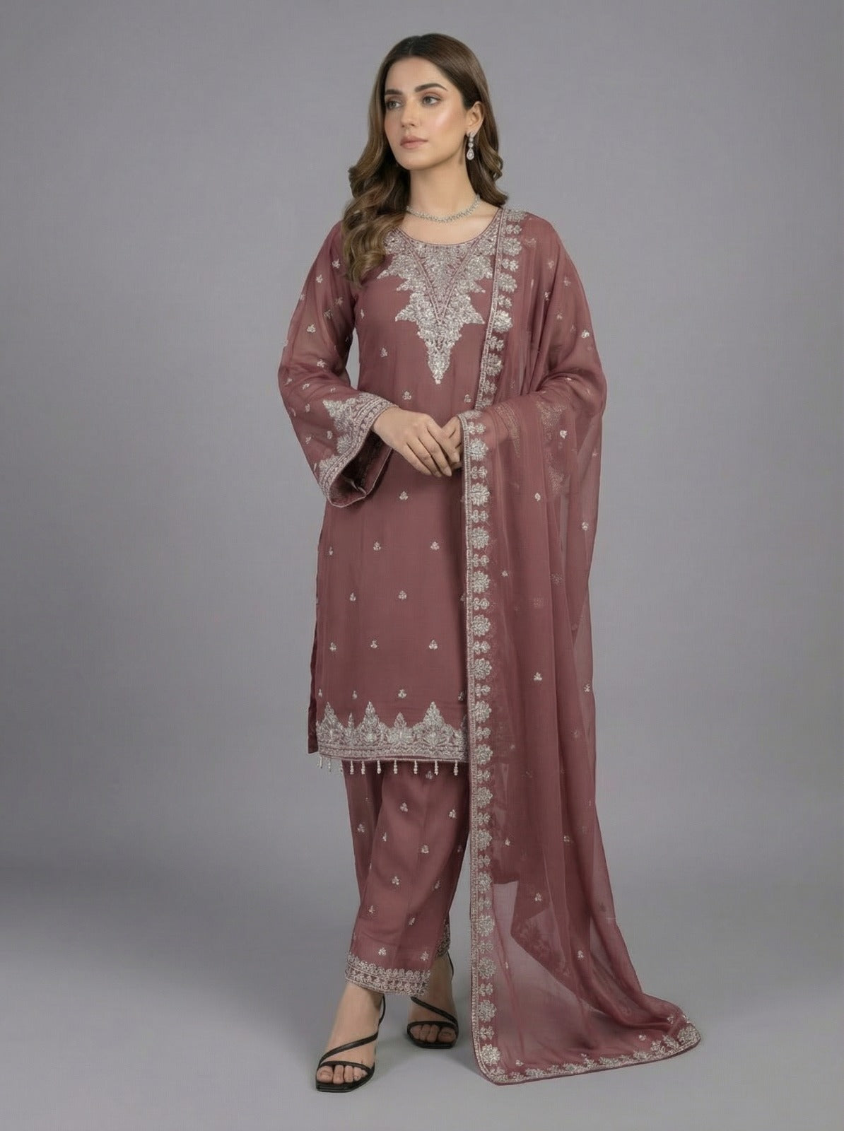 3Pc Embroidered Chifoon Shirt Shalwar,Dupatta