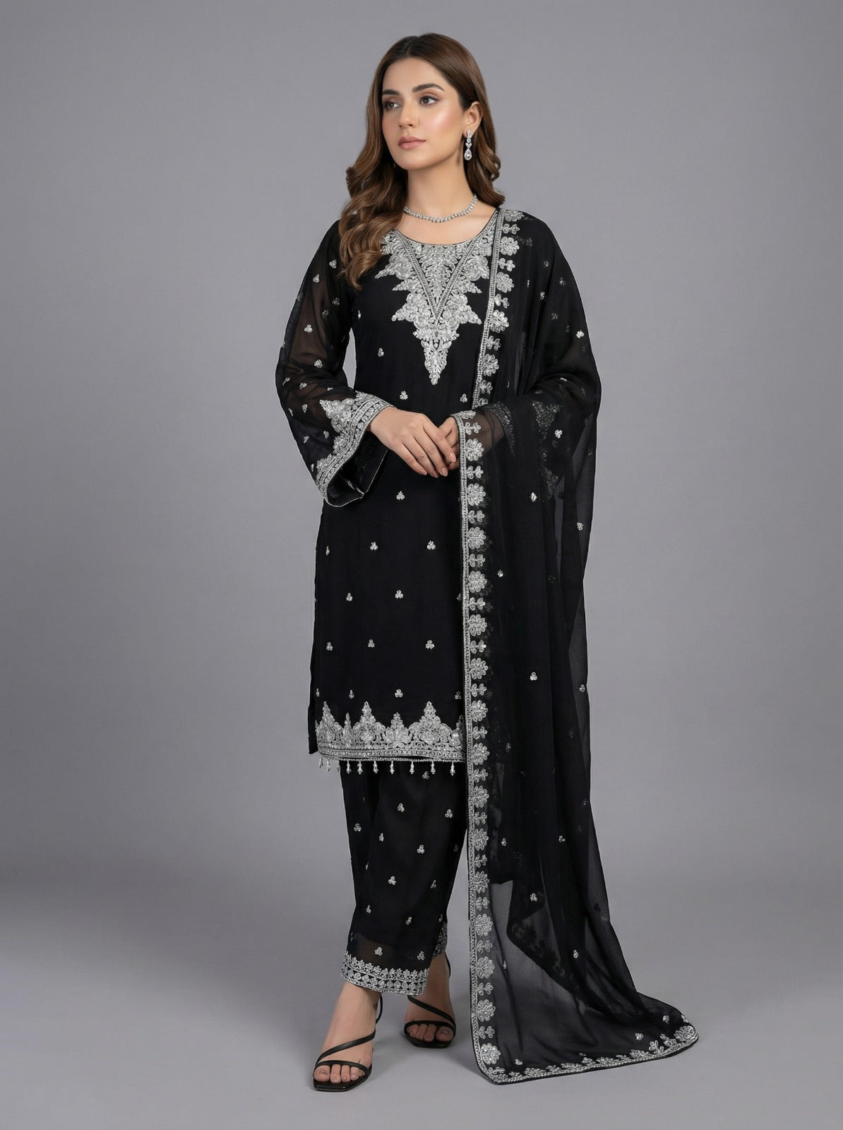 3Pc Embroidered Chifoon Shirt Shalwar,Dupatta