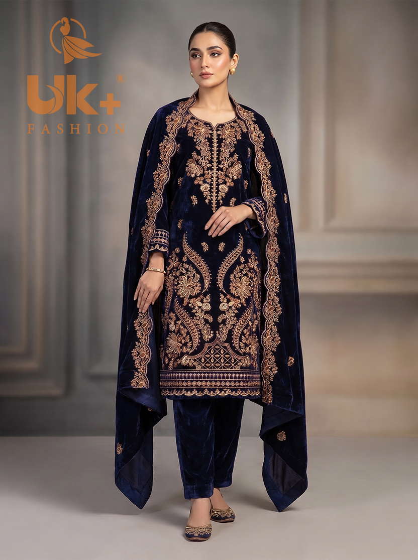 3Pc Velvet Un-Stitch, shirt, shalwar & Dupatta
