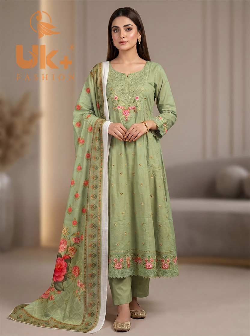 3Pc Embroidered Cotton Froke, Trouser, Shawl