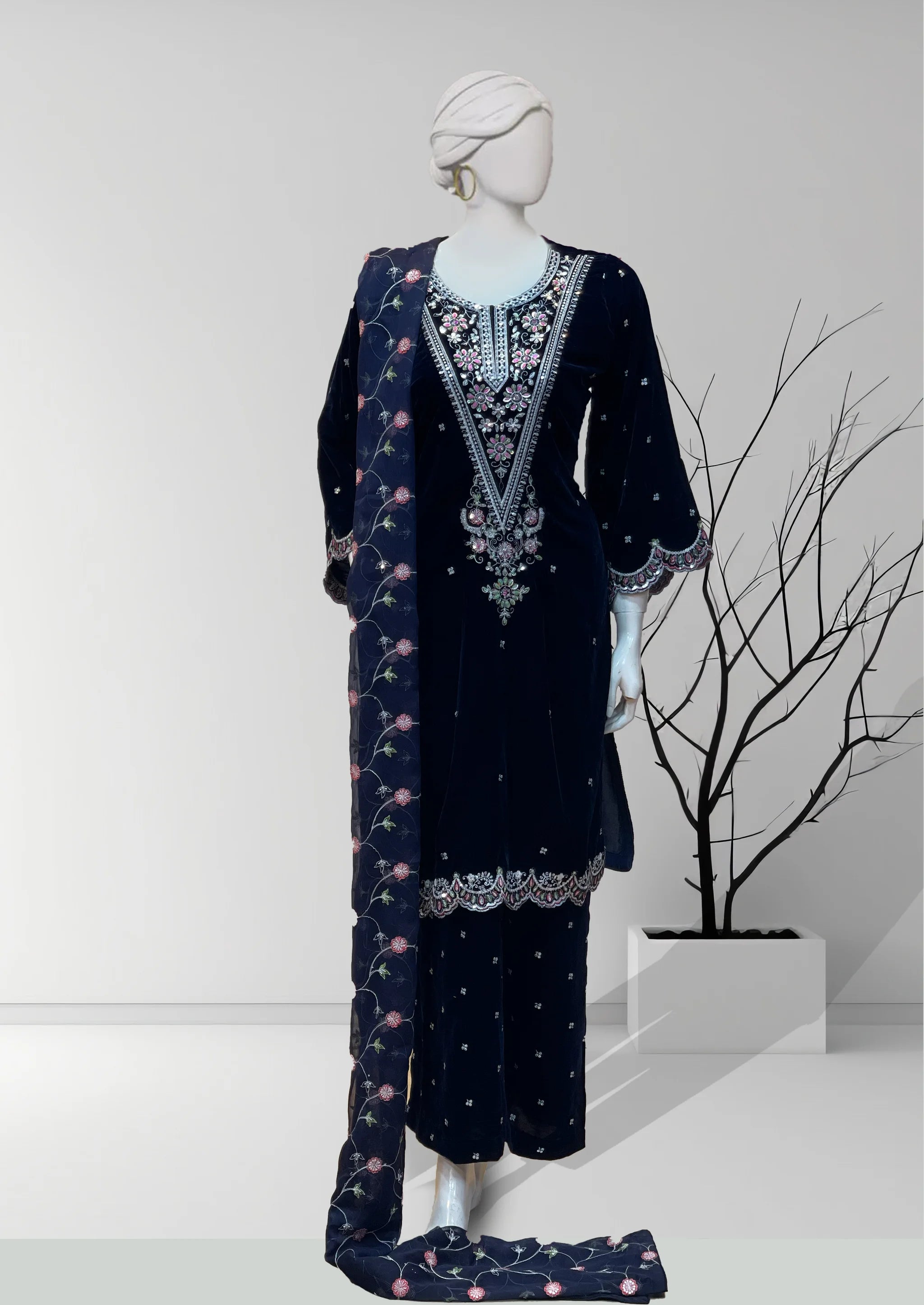 Dark Blue 3pc Velvet Dress