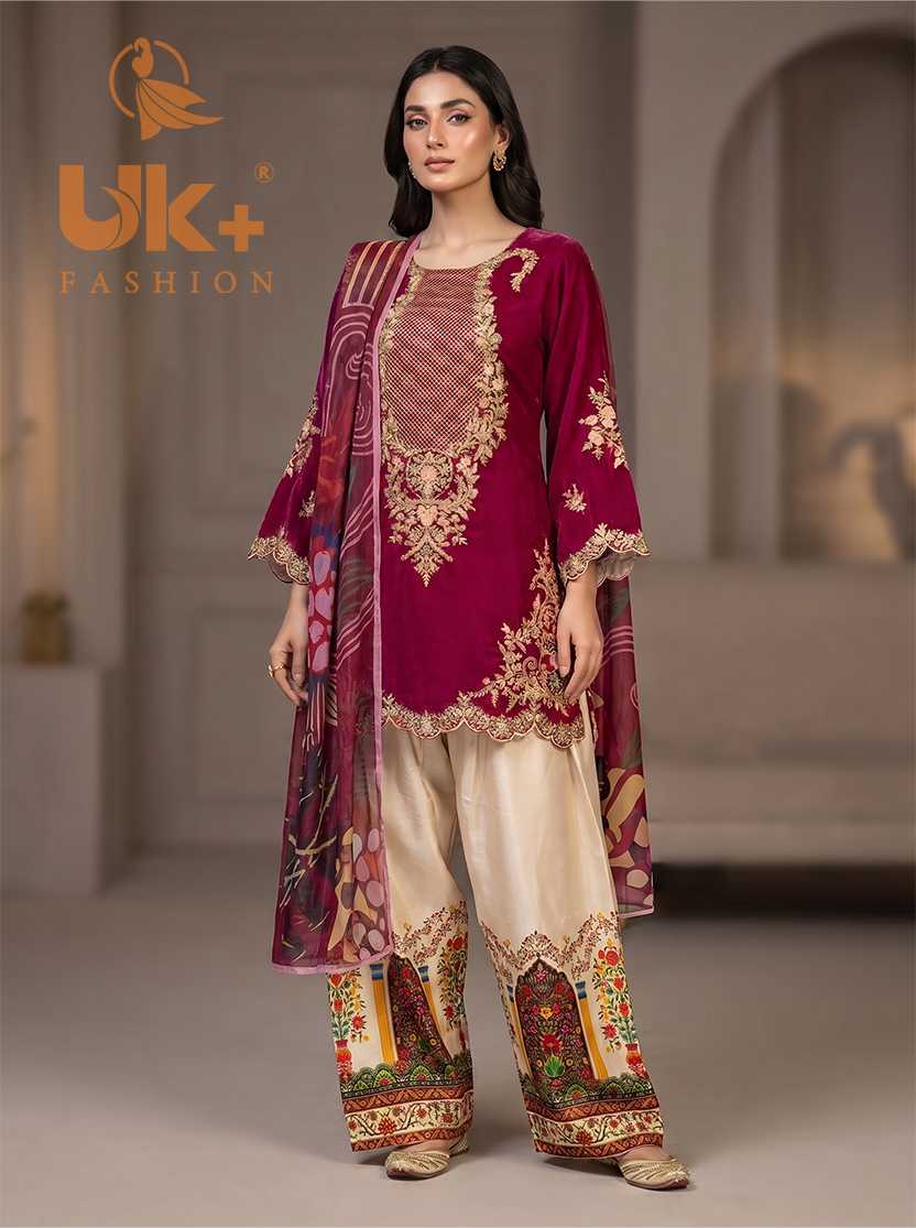 3Pc Embroidered Silk shirt, Farshi & Dupatta