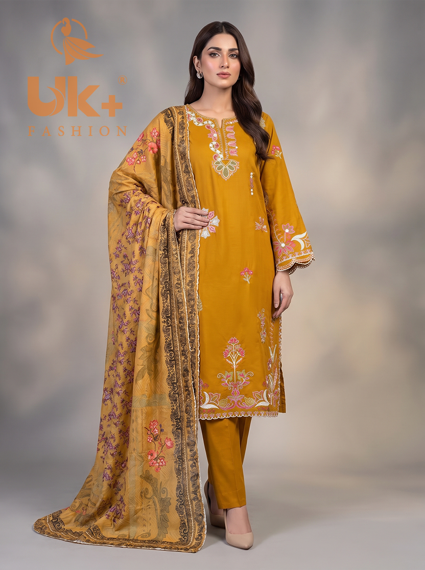 3Pc Embroidered Cotton Shirt, Trouser, Dupatta