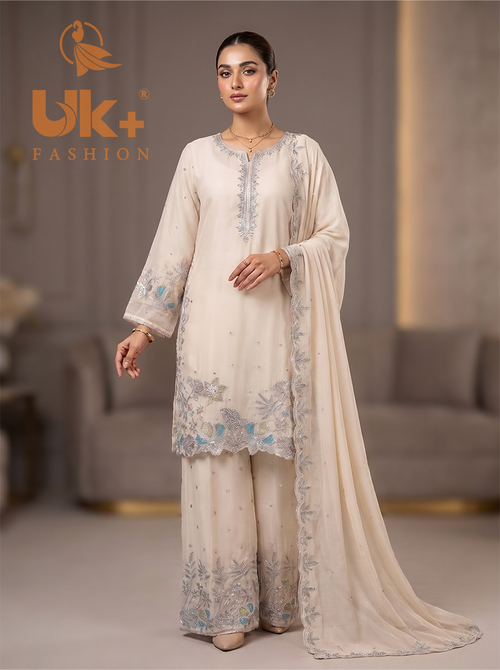3Pc Embroided Chiffon Shirt, Plazo, Dupatta
