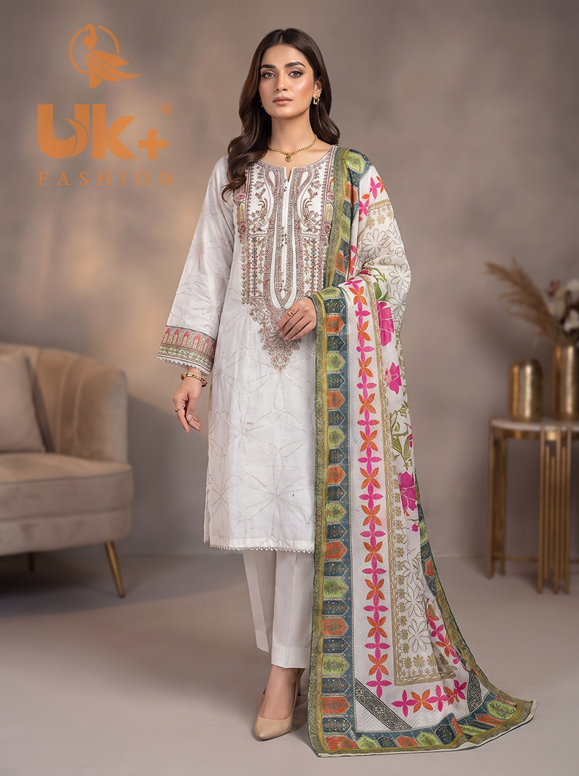 3Pc Embroidered Cotton Shirt, Trouser, Dupatta