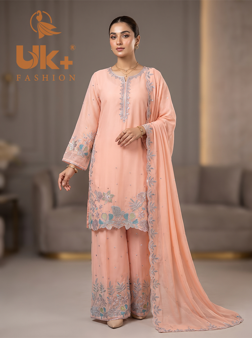 3Pc Embroided Chiffon Shirt, Plazo, Dupatta