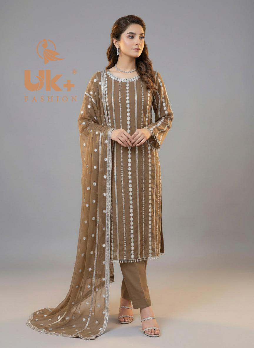 3Pc Chiffon Embroidery Shirt, Shlawar, Dupatta