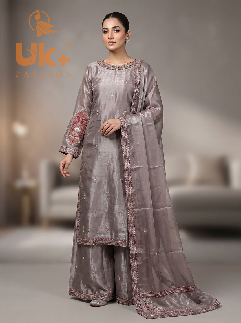 3Pc Embroidered Sheesha Silk Long Shirt, Plazo, Dupatta