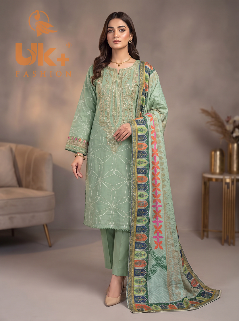 3Pc Embroidered Cotton Shirt, Trouser, Dupatta