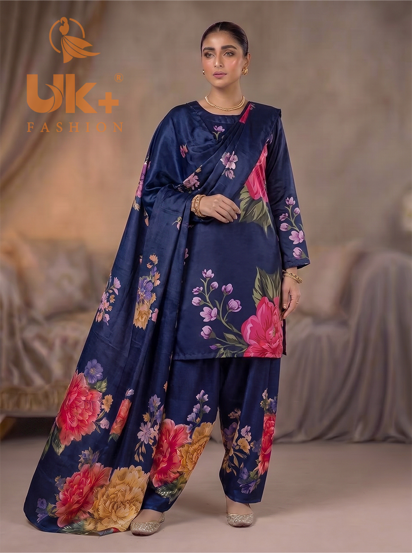 3Pc Embroidered Shamoz Silk, Shirt, Farshi & Dupatta