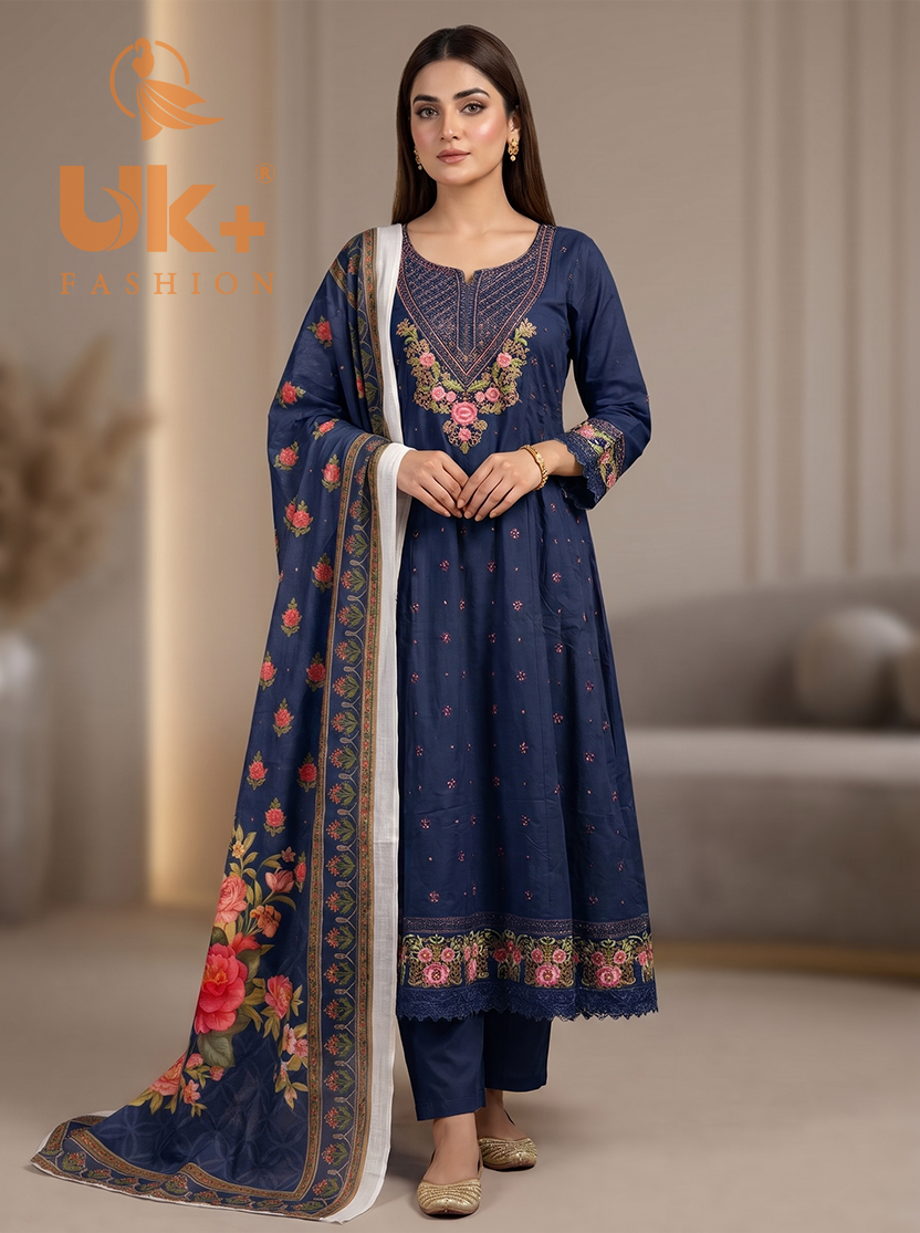 3Pc Embroidered Cotton Froke, Trouser, Shawl
