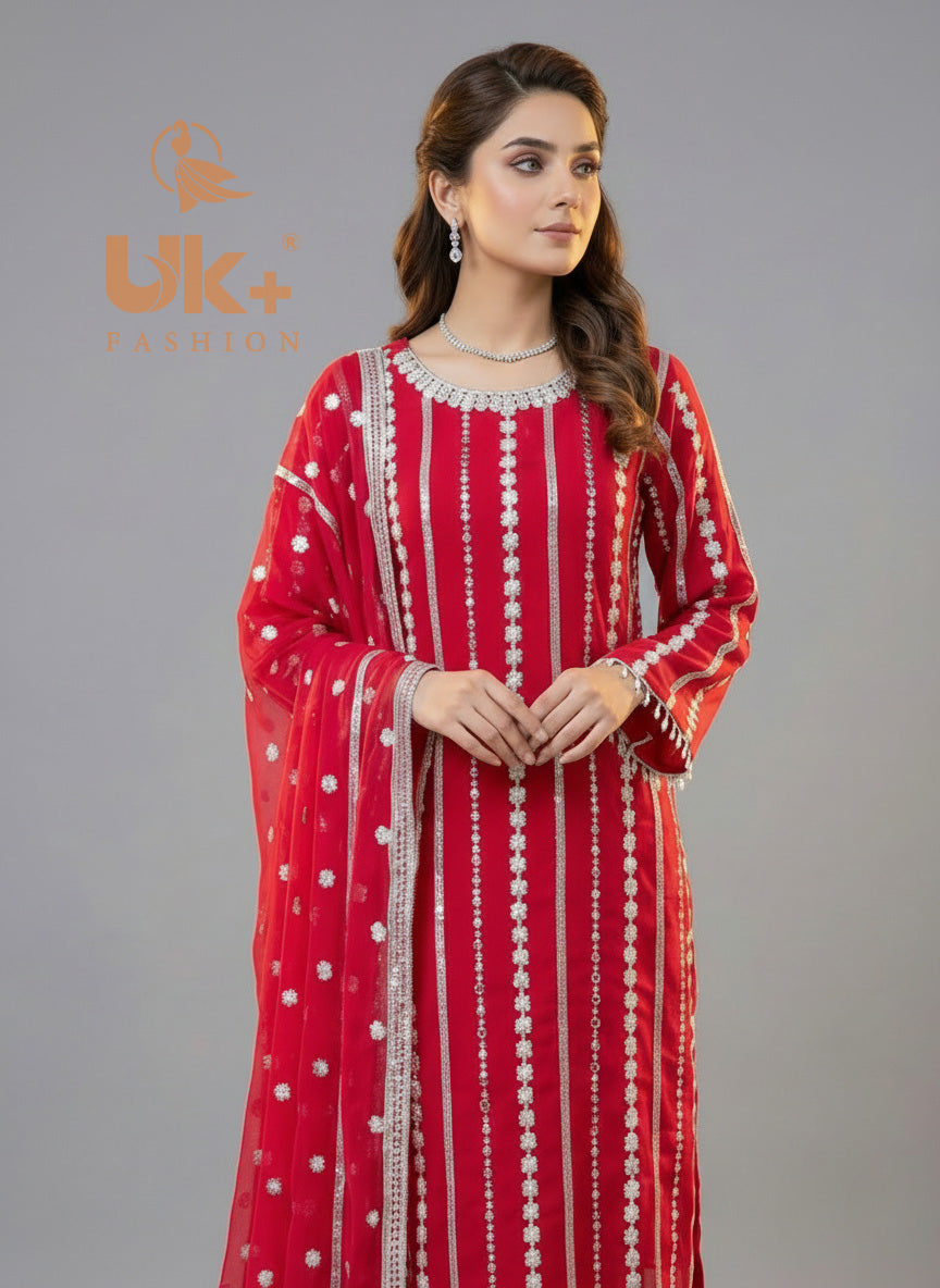 3Pc Chiffon Embroidery Shirt, Shlawar, Dupatta