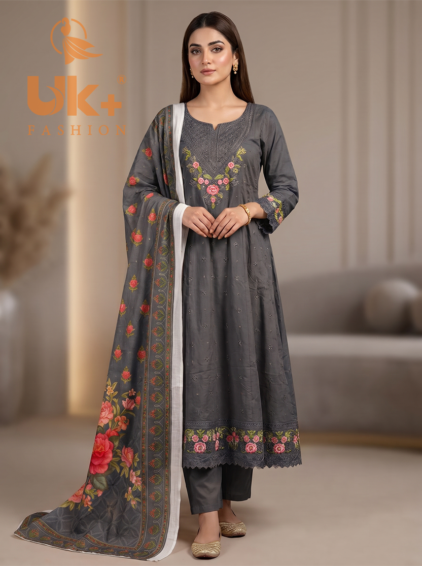 3Pc Embroidered Cotton Froke, Trouser, Shawl
