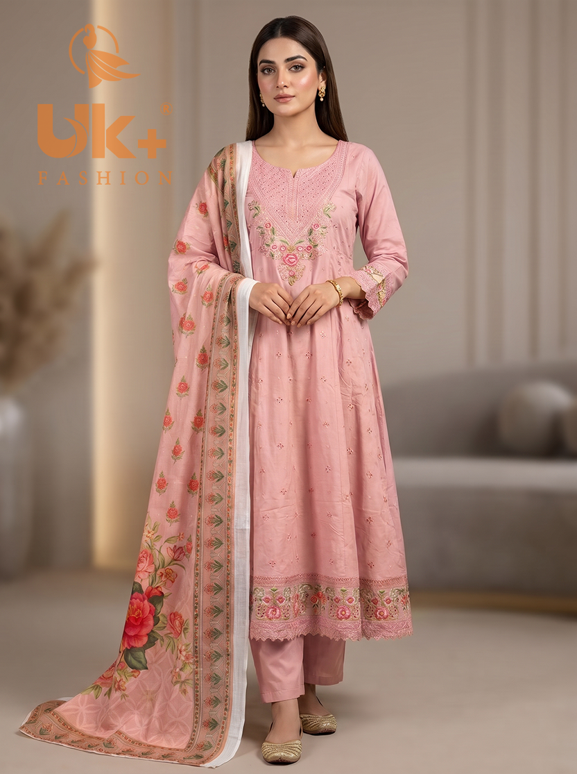 3Pc Embroidered Cotton Froke, Trouser, Shawl