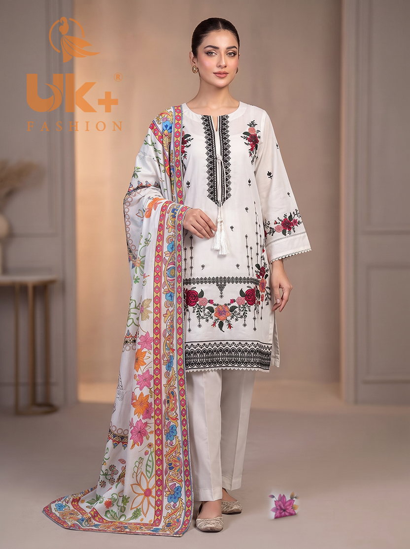 3Pc Embroidered Cotton Shirt, Trouser, Dupatta