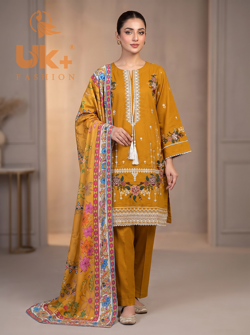 3Pc Embroidered Cotton Shirt, Trouser, Dupatta