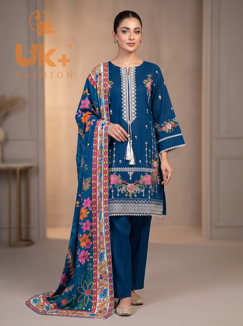 3Pc Embroidered Cotton Shirt, Trouser, Dupatta