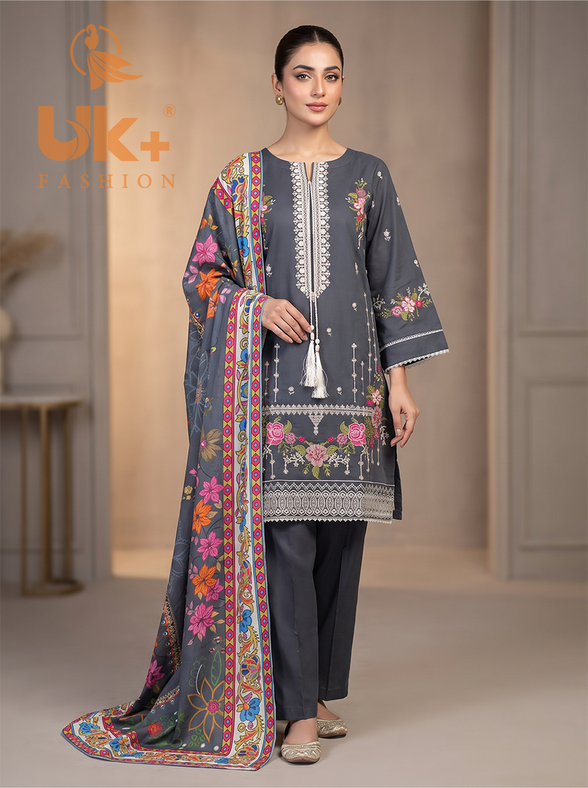 3Pc Embroidered Cotton Shirt, Trouser, Dupatta
