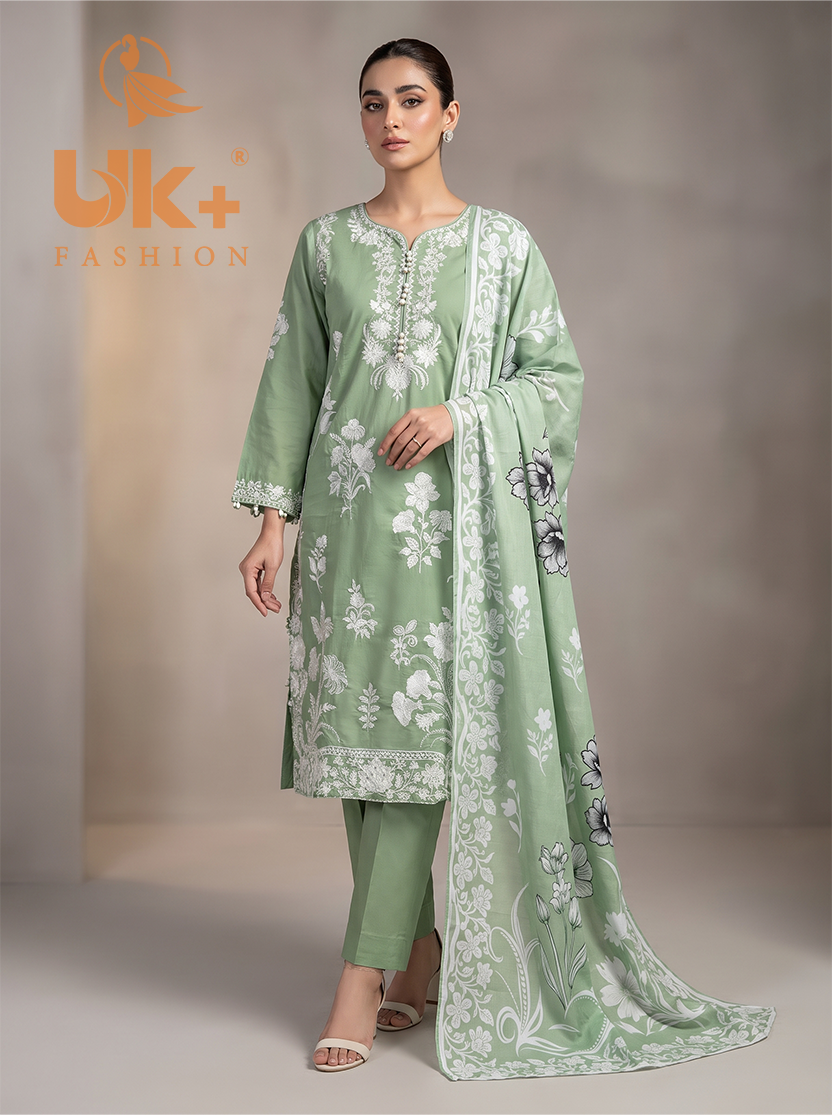 3Pc Embroidered Cotton Shirt, Trouser, Dupatta