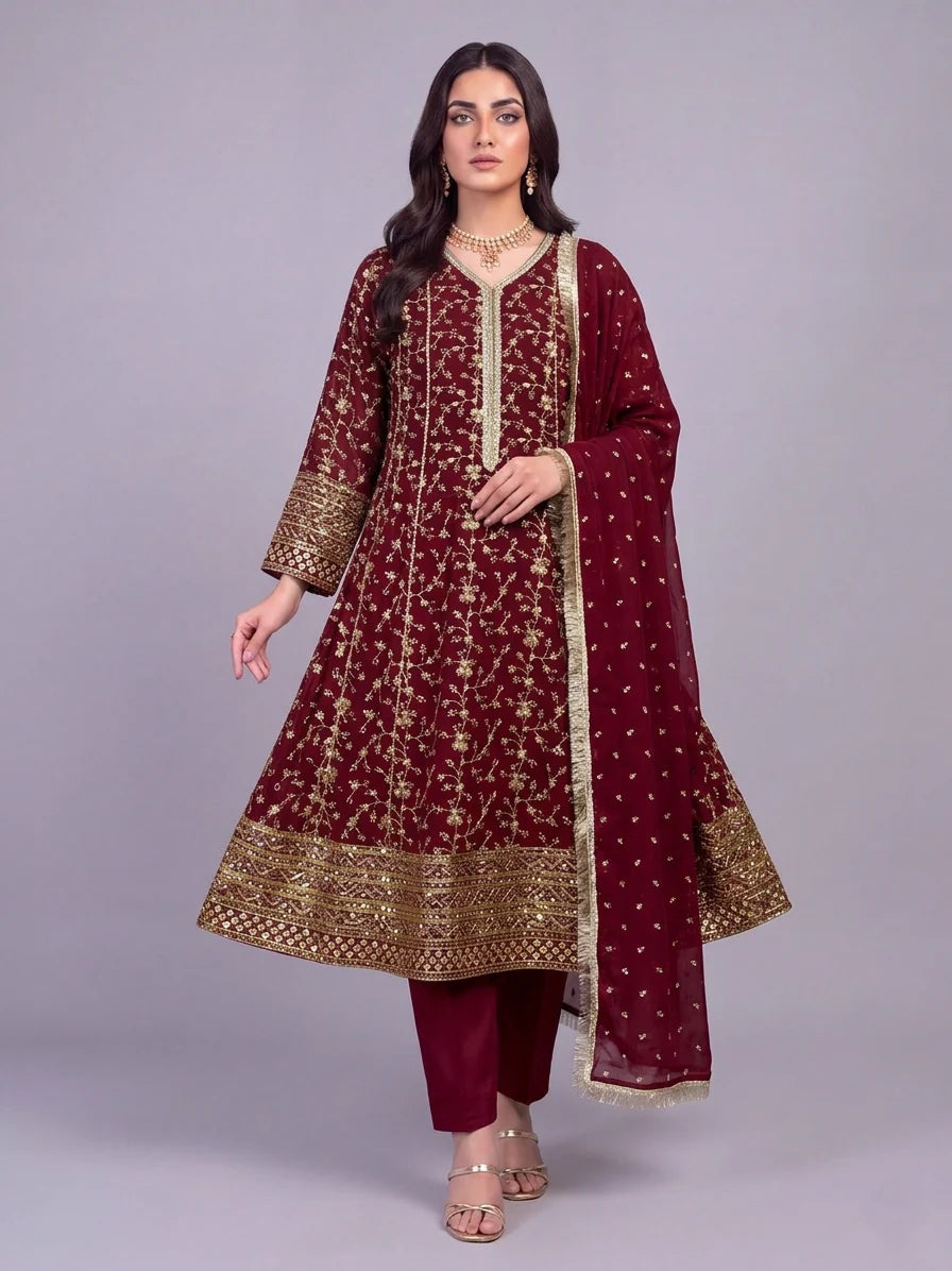3Pc Chiffon Embroidery Shirt, Shlawar, Dupatta