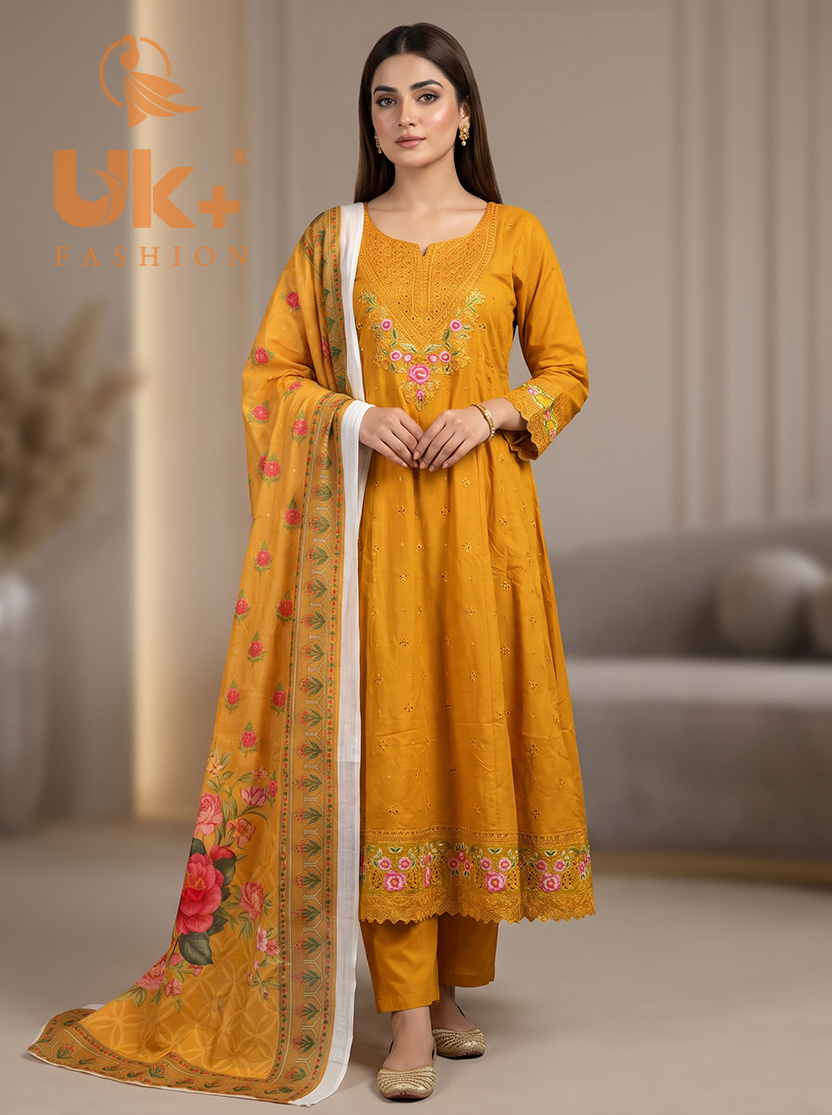 3Pc Embroidered Cotton Froke, Trouser, Shawl