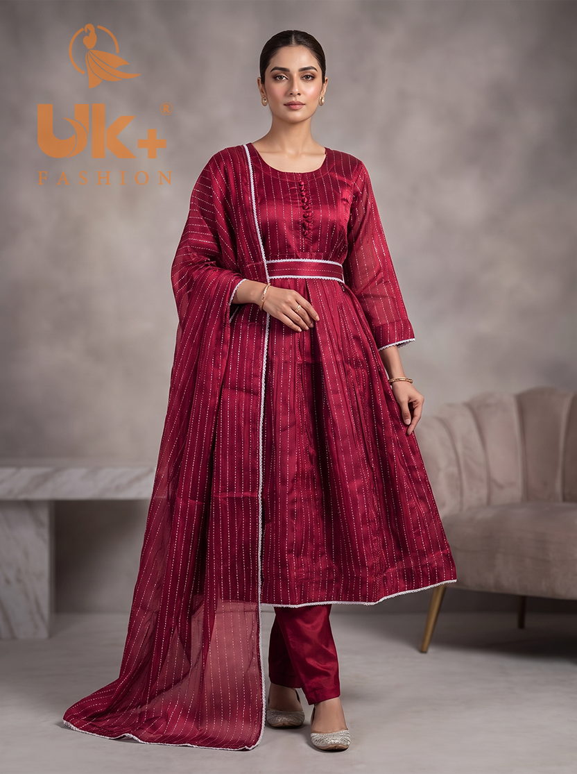3Pc Embroidered Sheesha Silk Froke, Traouser, Dupatta