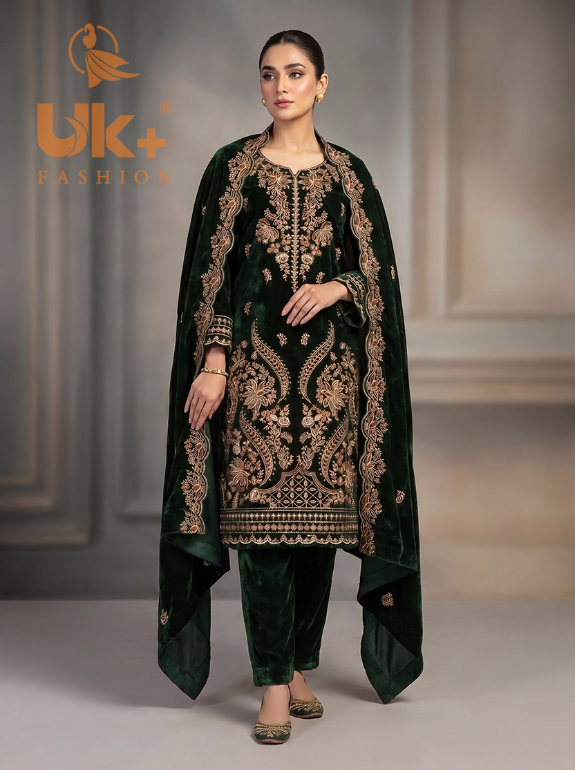 3Pc Velvet Un-Stitch, shirt, shalwar & Dupatta