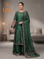 3Pc Embroidered Sheesha Silk Long Shirt, Plazo, Dupatta