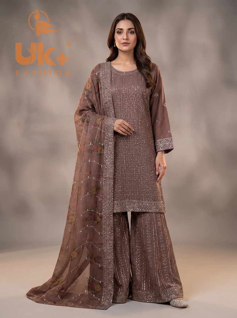 3Pc Embroided Chiffon Shirt, Plazo, Dupatta