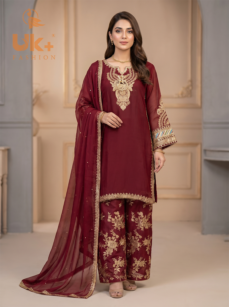 3Pc Embroidered Chiffon Shirt, Plazo, Dupatta