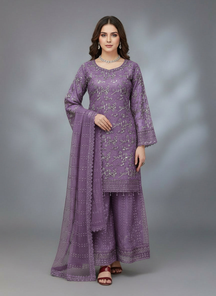 3Pc Embroidered Organza Plazo, Shirt, Plazo, Dupatta